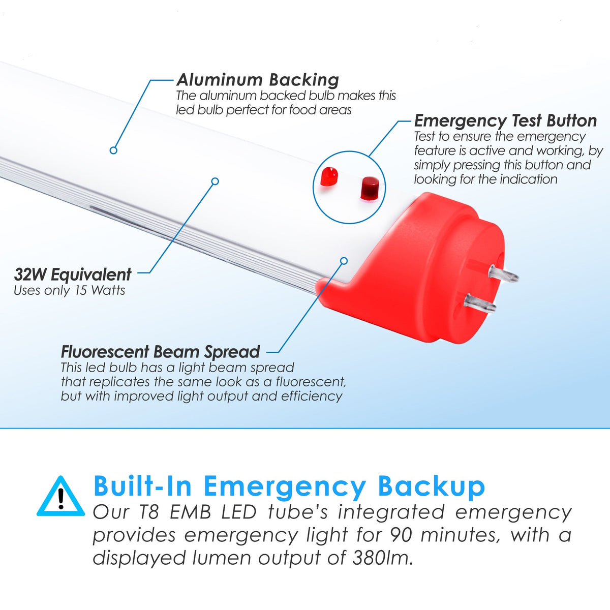 4FT T8 LED Emergency Built In Backup Battery Tube 4000K 15W 120