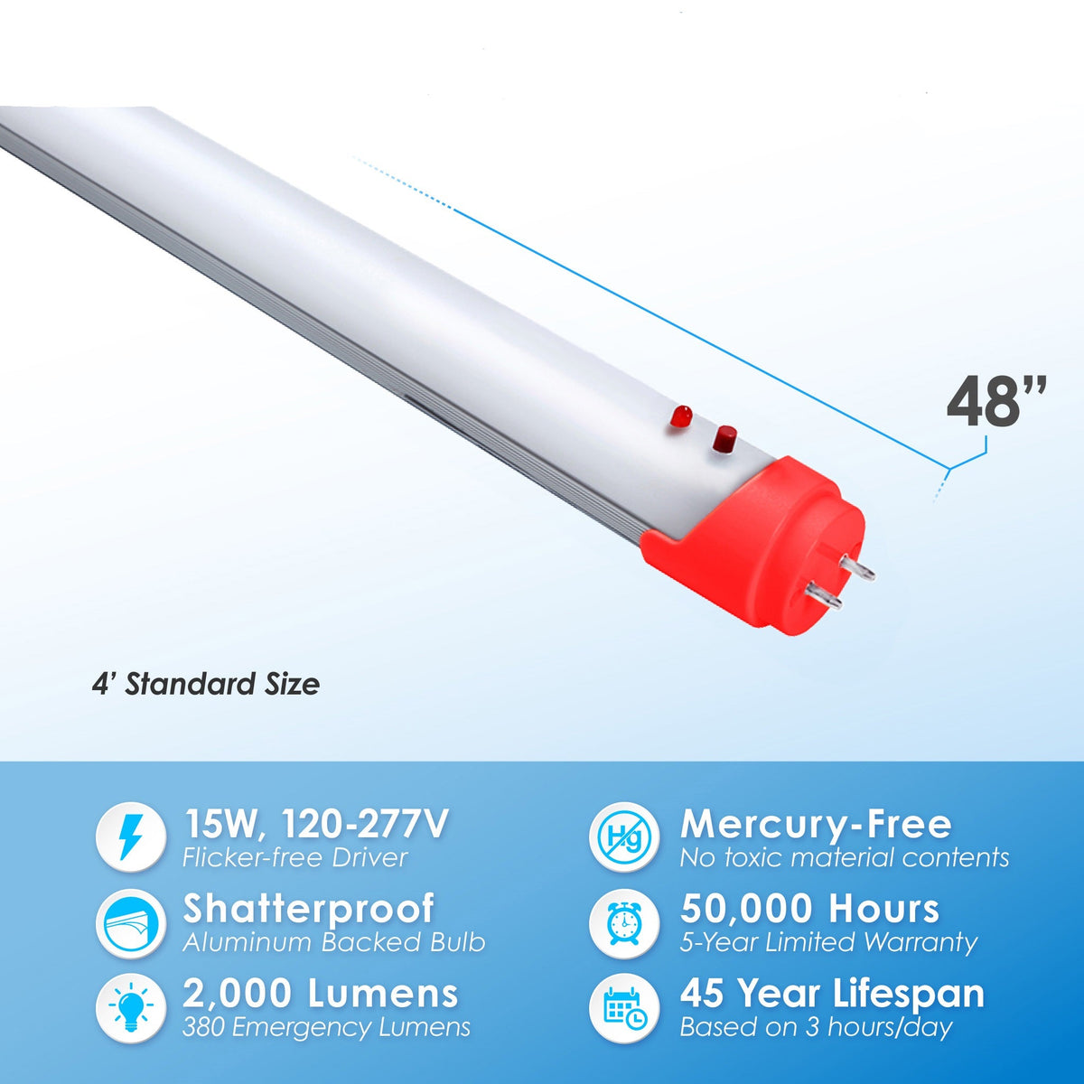 4FT T8 LED Emergency Built In Backup Battery Tube 4000K 15W