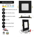 4" Inch Black Square Recessed LED Ceiling Light | Wattage Switch 8w, 10w, 12w | 5CCT Switch