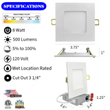 3" Inch 8W White Square Slim Recessed LED Lights , 5CCT, Heavy Duty Spring Clips