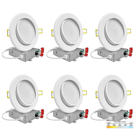 6" Inch White Adjustable Round Recessed LED Ceiling Light 5CCT, 15W, Dimmable, 120V