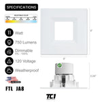 4" Inch Square Recessed retrofit LED Downlight 11W, 120V, 750 Lumens, 5CCT