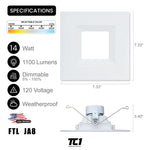 6" Inch Square recessed light retrofit LED Downlight, 14W, 120V, 1100 Lumens, 5CCT