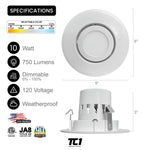 4" Inch Recessed Adjustable Retrofit Downlight 10W Dimmable, 750 Lumens, 120V, 5CCT, ETL Listed, White Trim