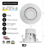 4" Inch Recessed Adjustable Retrofit Downlight 10W Dimmable, 750 Lumens, 120V, 5CCT, ETL Listed, White Trim