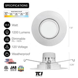 6" Inch Recessed Adjustable LED Retrofit Downlight 16.5W, 1200 Lumens, 5CCT - White Trim