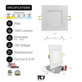 6" Inch White Square Recessed LED Ceiling Light 5CCT, 15W, Dimmable, 120V