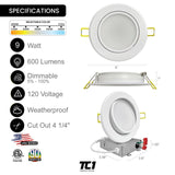 4" Inch White Adjustable Round Recessed LED Ceiling Light 5CCT, 9W, Dimmable, 120V