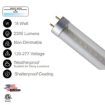 4FT LED T8 Tube Clear Lens 18W, 4000K, 2200 Lumens, 120V-277V, Dual-End Powered (30 PACK)