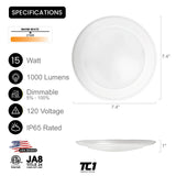 5”/6" inch Driverless Disk Light Dimmable LED 15W, 1000 Lumens, 2700K