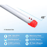 4FT T8 LED Emergency Built-In Backup Battery Tube 4000K, 15W, 120-277v, Ballast Bypass Wire Both Ends (1 PACK)